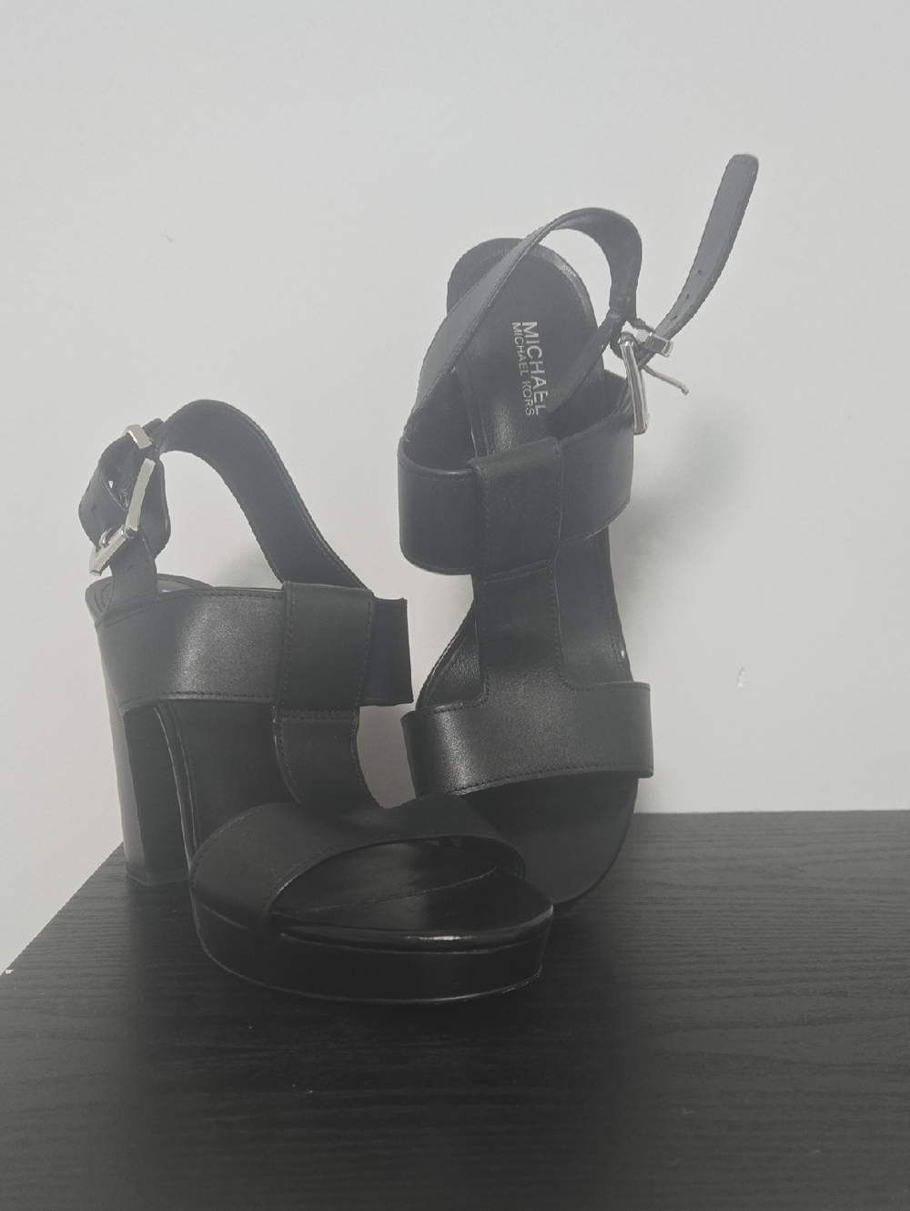 MICHAEL Michael Kors Black Leather Strappy Block Heel Sandals